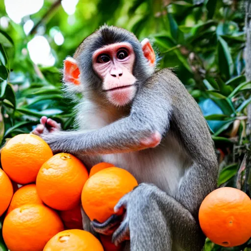 Image similar to a press photography of a monkey harvesting oranges in florida photography, iso 1 0 0, report, press photo