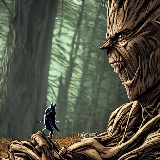 Image similar to batman meets groot in the woods digital art 4 k detailed super realistic