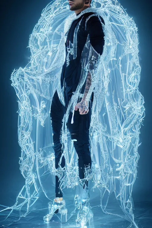 Image similar to full-body rococo and cyberpunk delicate crystalline sculpture of attractive muscular iridescent Zayn Malik as a humanoid deity wearing a thin see-through plastic hooded cloak sim roupa, posing like a superhero, glowing pink face, crown of white lasers, large diamonds, swirling black silk fabric. futuristic elements. oozing glowing liquid, full-length view. space robots. human skulls. throne made of bones, intricate artwork by caravaggio. Trending on artstation, octane render, cinematic lighting from the right, hyper realism, octane render, 8k, depth of field, 3D