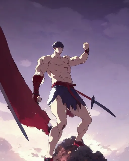 Image similar to powerful muscular warrior with a greatsword and wearing plate armor and a cape, dramatic action pose, square masculine jaw, short messy hair, trending on pixiv fanbox, by greg rutkowski makoto shinkai takashi takeuchi studio ghibli, akihiko yoshida