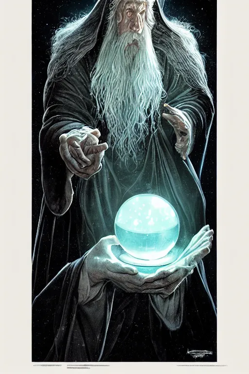 Image similar to gandalf the wizard in a hooded cloak gazing into a crystal ball, high details, intricately detailed, by vincent di fate, artgerm julie bell beeple, inking, screen print