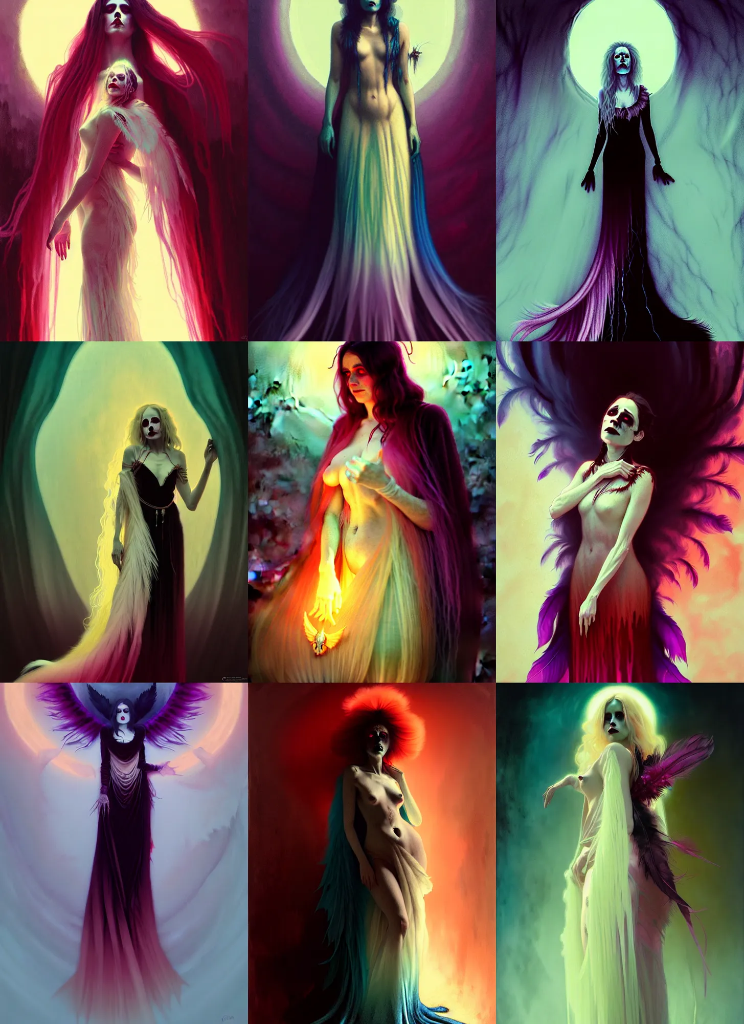 Prompt: ombre velvet gown, feathers, scary queen of death, a hole in her stomach, portrait, long white hair, corpse, feral languid woman, by greg rutkowski, anato finnstark, alphonse mucha, global illumination, radiant light