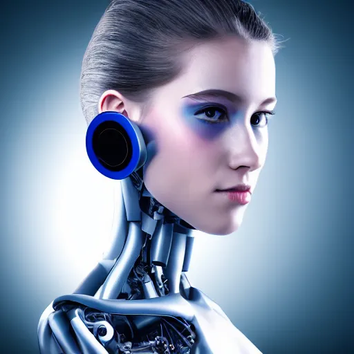 Image similar to young lady cyborg, bioorganic concept, beautiful face, full body,