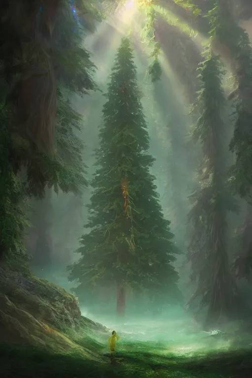 Image similar to a fairy huge sequoia, iridescent crystals on the ground, rays of light, atmospheric, matte-painting, trending on artstation