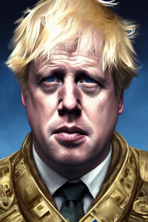 Image similar to Boris Johnson as a NATO commander, visible face, realistic portrait, gold and blue, highly detailed, digital painting, artstation, concept art, smooth, sharp focus, illustration, cinematic lighting, art by artgerm and greg rutkowski and alphonse mucha