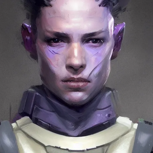 Image similar to concept art of a portrait by greg rutkowski, a soldier of the galactic dominion wearing gray and purple tactical gear, star wars expanded universe, smooth, sharp focus, artstation hq.