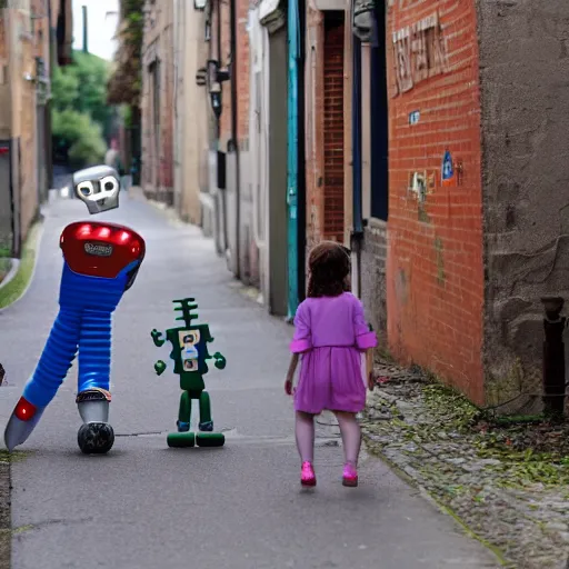 Image similar to in the style of 1960s, A scary robot is chasing after a couple of kids down the ally