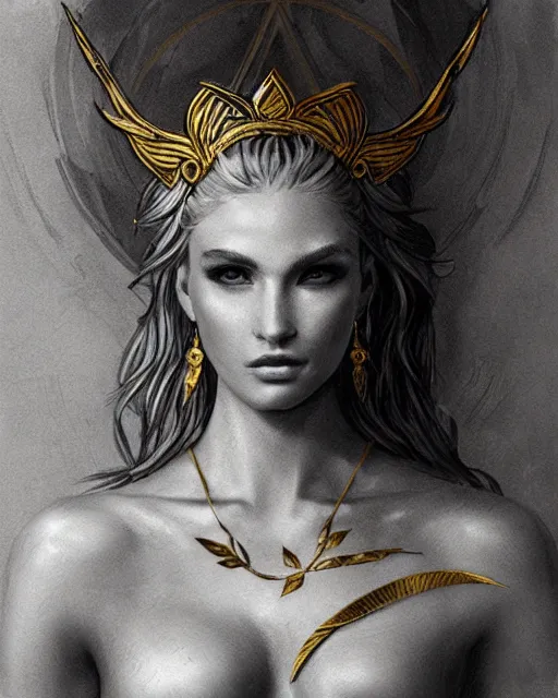 Image similar to tattoo design sketch of cute beautiful blonde super model as aphrodite greek goddess wearing a gold laurel wreath and triangle earrings, beautiful piercing gaze with sharp pupils, in the style of greg rutkowski, fantasy, amazing detail, epic, elegant, smooth, sharp focus, front view