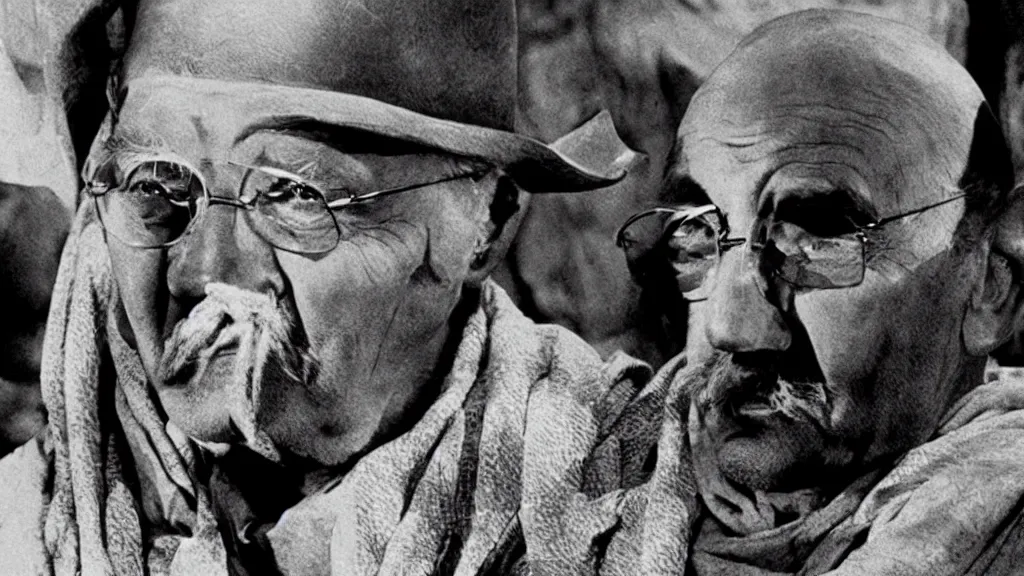 Prompt: scene from the movie the good bad and the ugly with gandhi playing the role of the man with no name