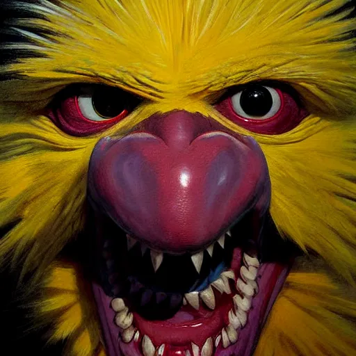 Image similar to Facial portrait. horrorversion version of Big Bird, looking at the camera, slight evil smile, lips wide parted, mouth wide open, sharp teeth visible. fear inspiring, intimidating, extremely detailed painting. by Greg Rutkowski and by Henry Justice Ford and by Steve Henderson.