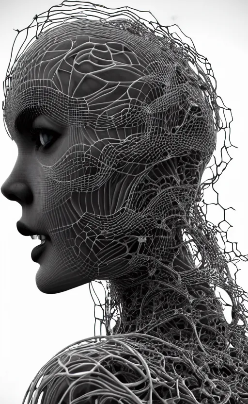 Image similar to black and white complex 3d render of a beautiful profile woman face, vegetal dragon cyborg, 150 mm, silver magnolia stems, roots, fine lace, maze like, mandelbot fractal, anatomical, facial muscles, cable wires, microchip, elegant, highly detailed, black metalic armour, rim light, octane render, H.R. Giger style