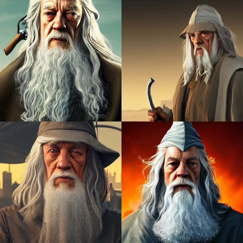 Prompt: Gandalf in GTA 6, cover art by Stephen Bliss, artstation, no text