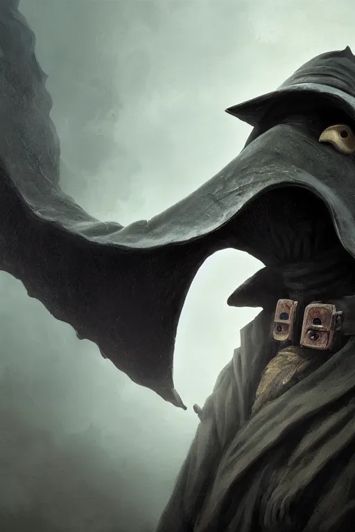 Prompt: A closeup of a Plague Doctor with a beak like mask by Greg Rutkowski, Dan Mumford, Christophe Vacher, Bloodborne, 4k photorealistic, volumetric lighting, HD, high details, dramatic, dark atmosphere, trending on artstation