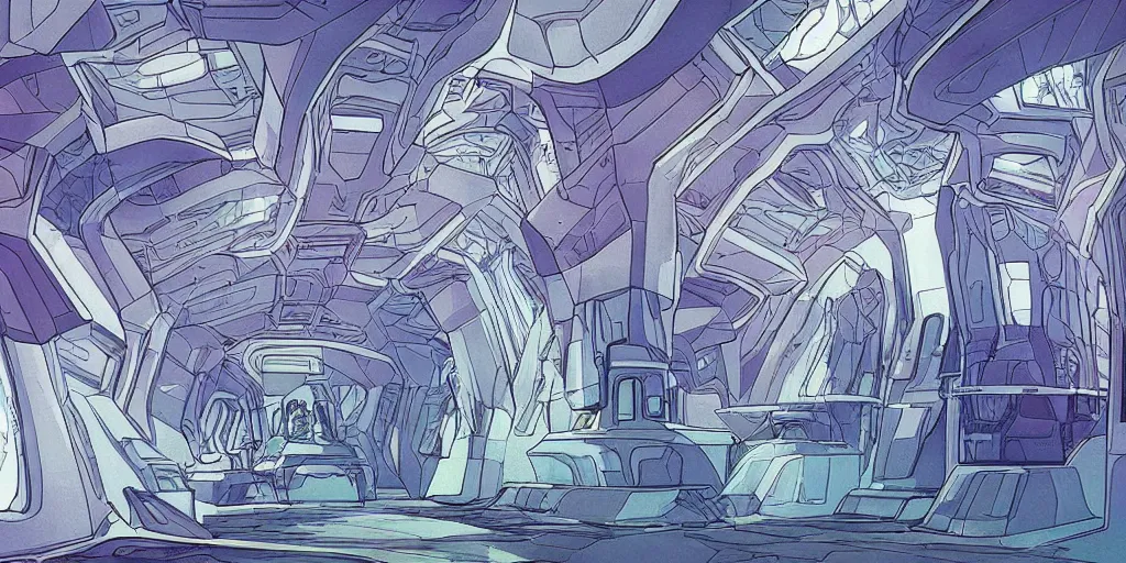 Prompt: the interior of a crystalline sci-fi spaceship made with highly evolved elven architecture and technology, style of Moebius comic art