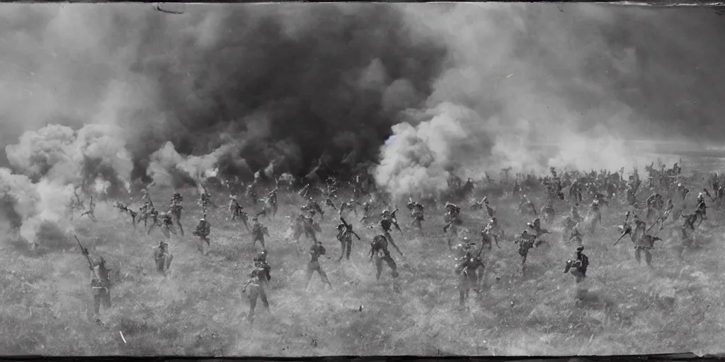 Prompt: large scale battle, human wave tactics, open field, shots fired, explosions, clouds of smoke, fireballs, aerial view, extreme long shot, tintype photograph