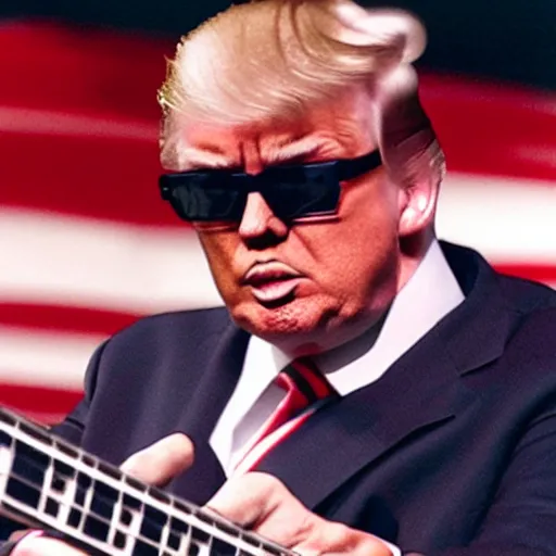 Prompt: ‘closeup photo of Donald trump playing an electric guitar, hyperrealistic’