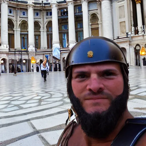 Image similar to a roman legionnaire taking a selfie in plaza cibeles, madrid