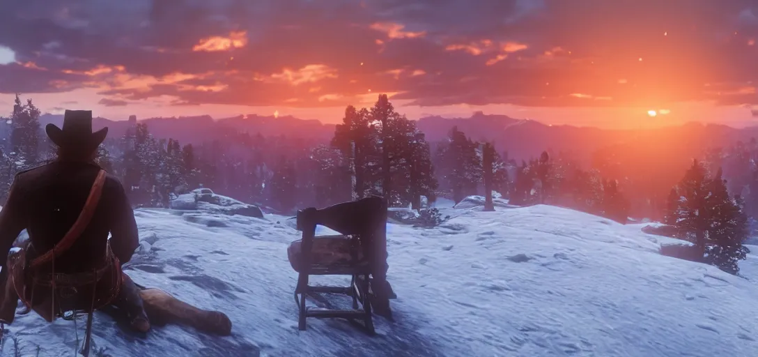 Image similar to Arthur Morgan from Red Dead Redemption 2 sitting at the top of a mountain looking at a beautiful sunrise in the distance