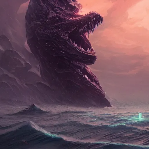 Image similar to sea monster shape like a ship in the deep dark sea, intricate complexity, by greg rutkowski, artgerm, ross tran, conrad roset, takato yomamoto, ilya kuvshinov. 4 k, beautiful, cinematic dramatic atmosphere