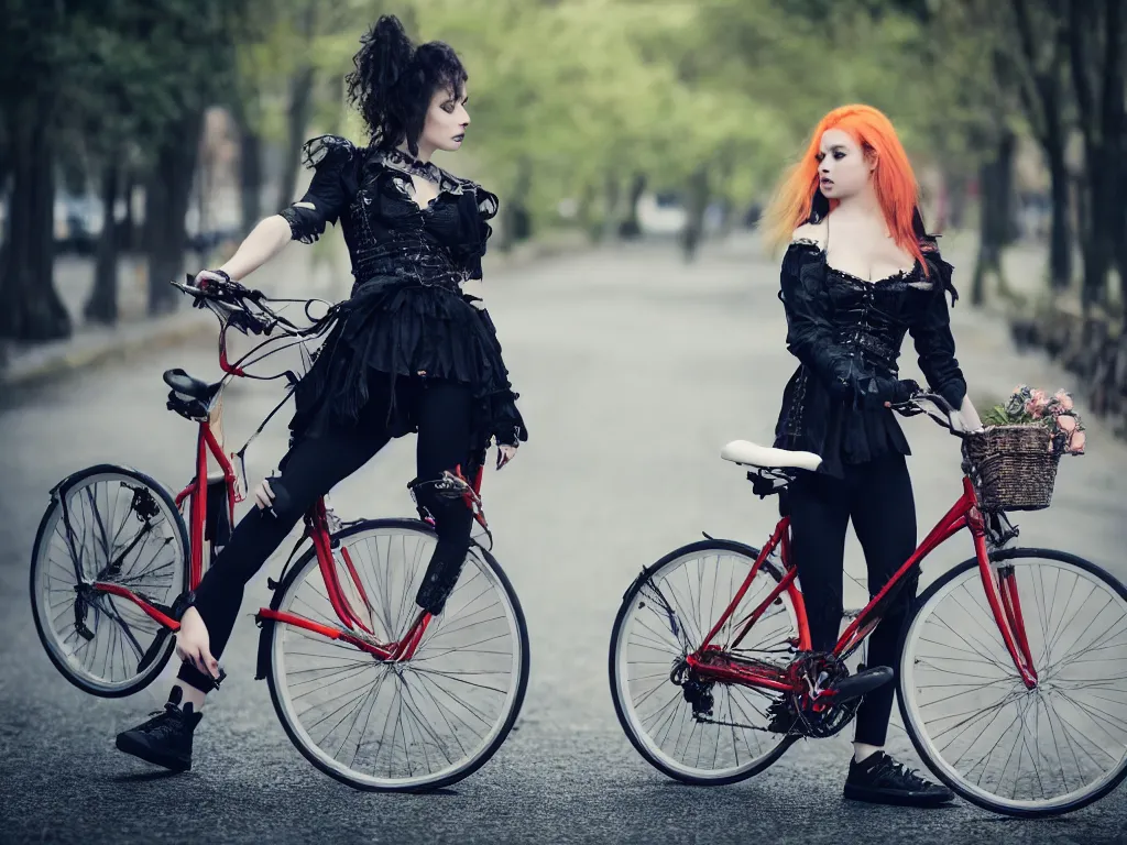 Prompt: full - length photo, young woman, leaning on a bike, gothic clothes, adidas shoes, 4 k, colourful