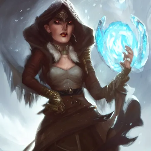 Image similar to grumpy dark haired women, ice mage, dnd character art portrait, matte fantasy painting, deviantart artstation, by jason felix by steve argyle by tyler jacobson by peter mohrbacher, cinema