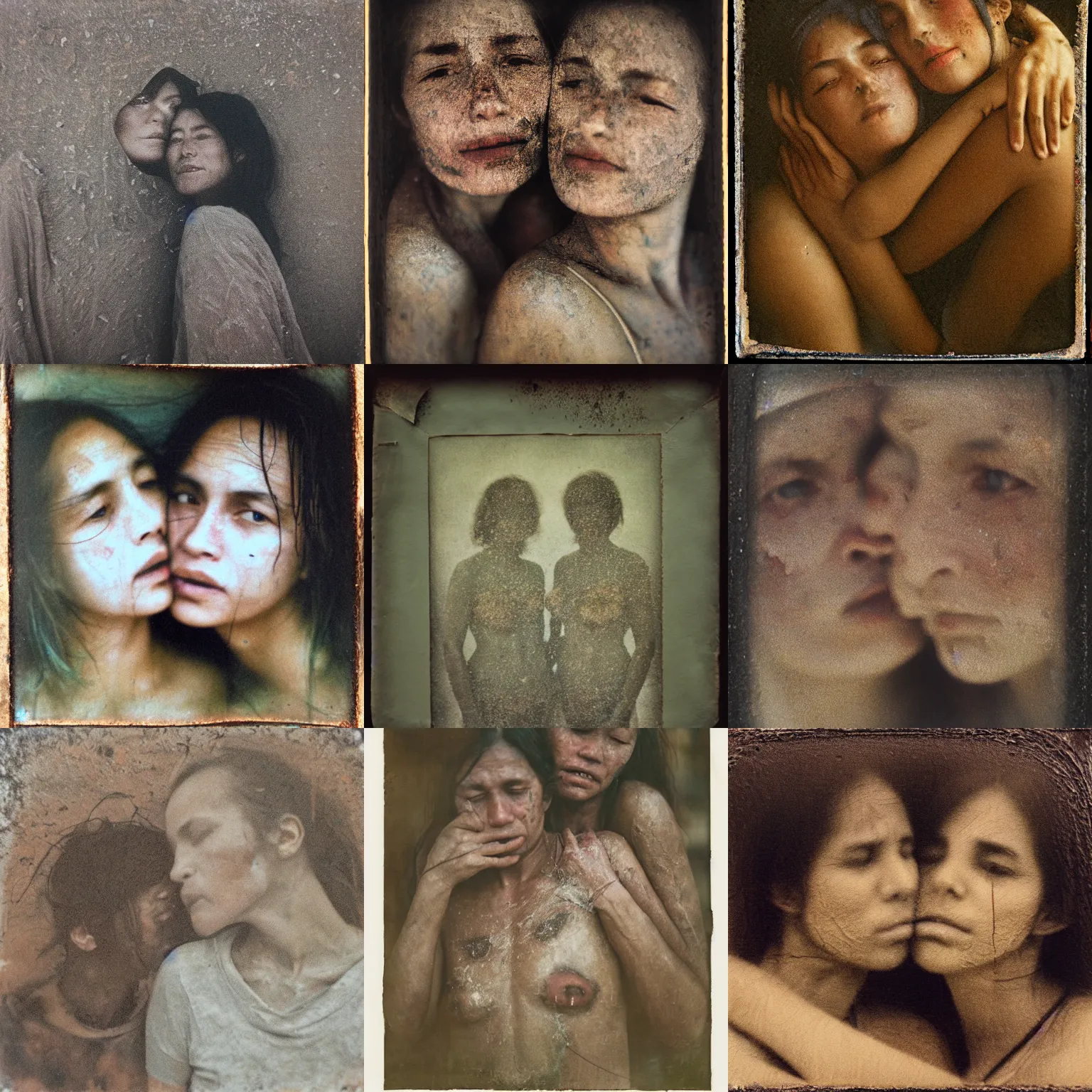 Prompt: a scratched, textured, weathered, heavily damaged gum bichromate print of a blurry, faint close-up by Steve McCurry of two women touching each other's faces intimately