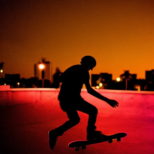 Prompt: a skateboarder in a cinematic shot of miami at midnight, canon eos c 3 0 0, ƒ 1. 8, 3 5 mm, 8 k, medium - format print, inspired by roger deakins cinematography