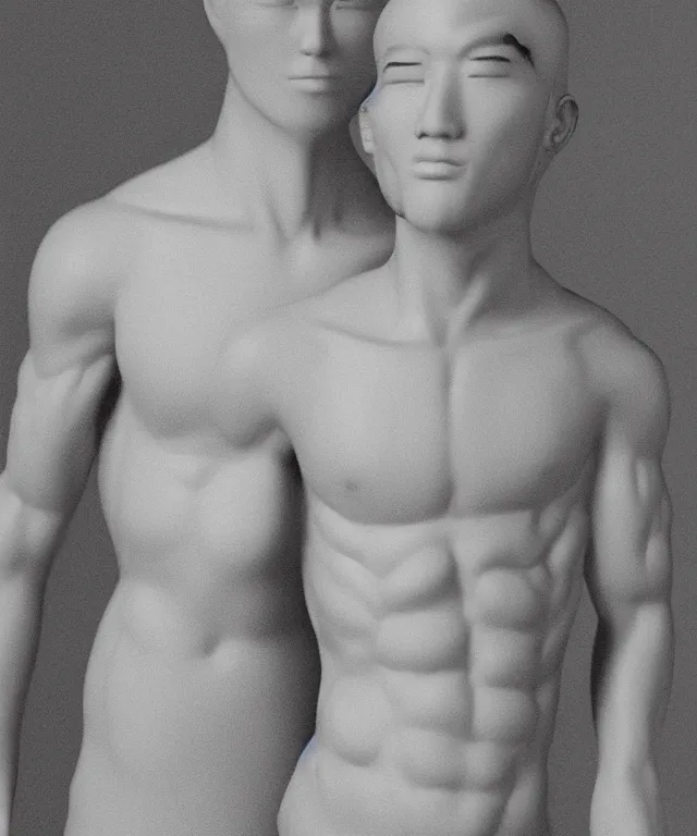 Prompt: a hybrid of asian man's body and victoria's secret white model's head, realistic