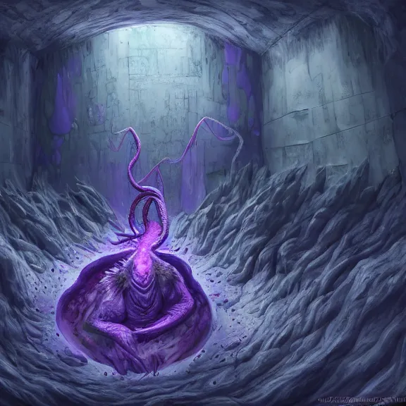 Image similar to inside a cavernous living stomach, the walls purple and pulsing, lots of acid pooling up on the floor, digesting and dissolving a small dragon, food pov, micro pov, vore, digital art, furry art, anthro art, high quality, 8k 3D realistic, macro art, micro art, Furaffinity, Deviantart, Eka's Portal, G6