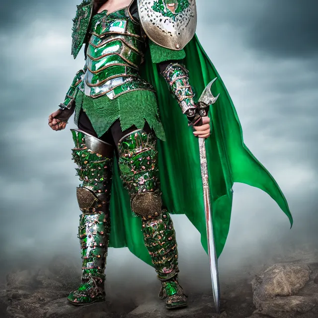 Image similar to full body photo of a beautiful cute strong warrior queen wearing emerald encrusted armour, highly detailed, 8 k, hdr, smooth, sharp focus, high resolution, award - winning photo