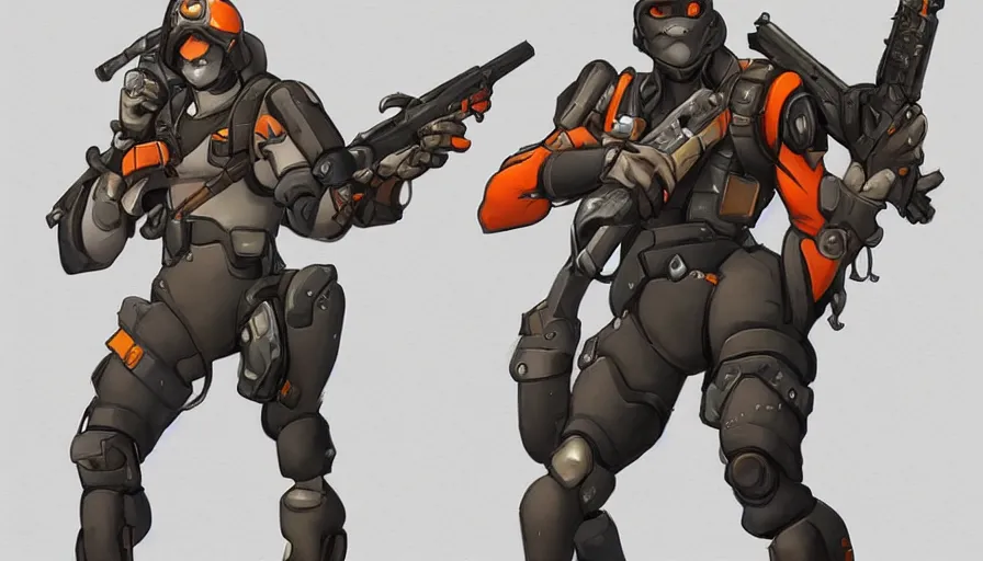Prompt: Concept art for new overwatch character: Sabotuer, French Special Ops, Skinny, Spy, Uses C4, Roguish, and Hand Grenades, Anti-tank Rifle, Dark Humor, Male, Rugged, Dagger, Contra, Fast, Black and Orange