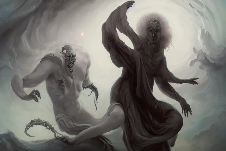 Image similar to a humanoid creature with pale white skin and a gaunt face. the creature is bald. the god of imagination. it is wearing a black flowing cloak that looks like mist. it is crafting an imaginary world. cosmic horror. art by peter mohrbacher.