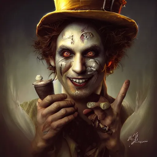 Image similar to The Madhatter, digital painting, lots of details, extremely detailed, 4k, intricate, brush strokes, Artgerm, Bastien Lecouffe-Deharme