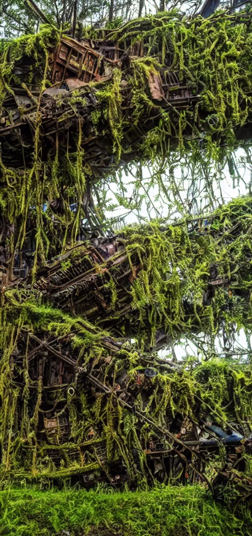 Prompt: a wrecked pirate ship in the middle of the city, overgrown, very detailed, intricate, mossy, pirates of the Caribbean, dramatic lighting