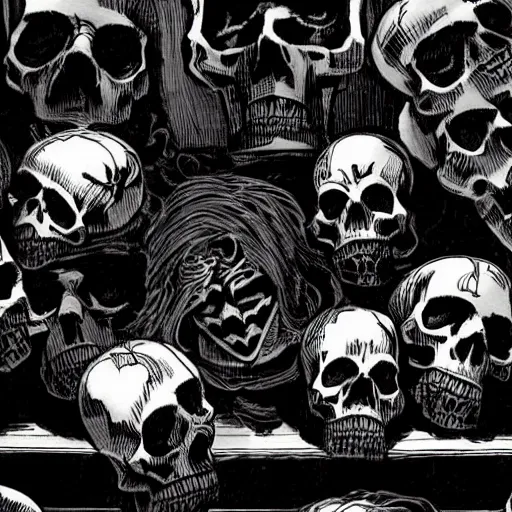 Image similar to Skulls lying on a shelf. Close Up Shot, Dark Fantasy, Film Noir, Black and White. High Contrast, Mike Mignola, D&D, OSR