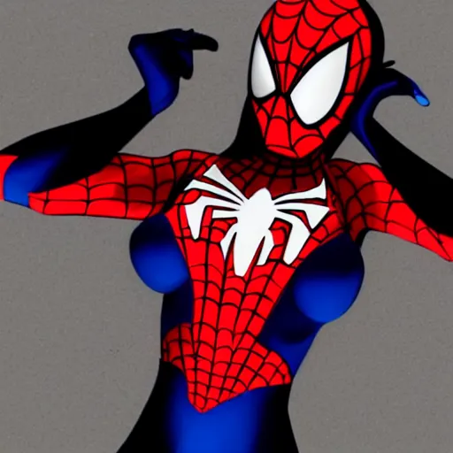 Image similar to female spiderman, mask covering mouth, eyes visible, medium shot, bruce timm, j. scott campbell, andy hartnell, inked, tight fit, curvaceous, slim, stuck against a wall