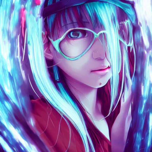 Image similar to portrait a hatsune miku, light effect, anime style hyper detailed, illustration, bloody, intricate, elegant, digital painting, artstation, smooth, sharp focus, art by leonardo da vinci.