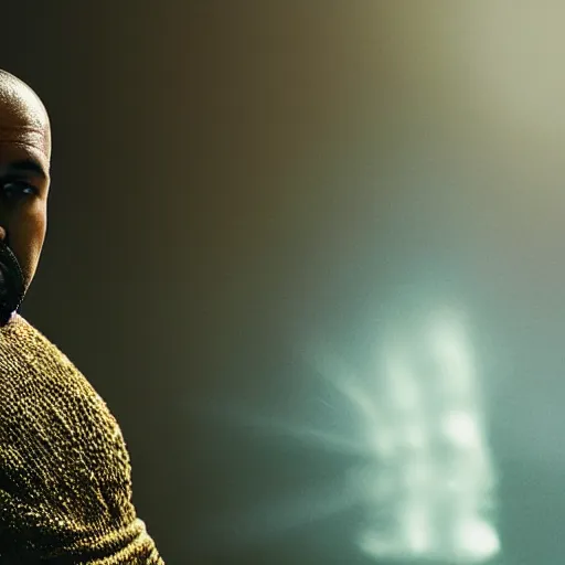 Image similar to Portrait of Kanye West as thanos, splash art, movie still, cinematic lighting, dramatic, octane render, long lens, shallow depth of field, bokeh, anamorphic lens flare, 8k, hyper detailed, 35mm film grain