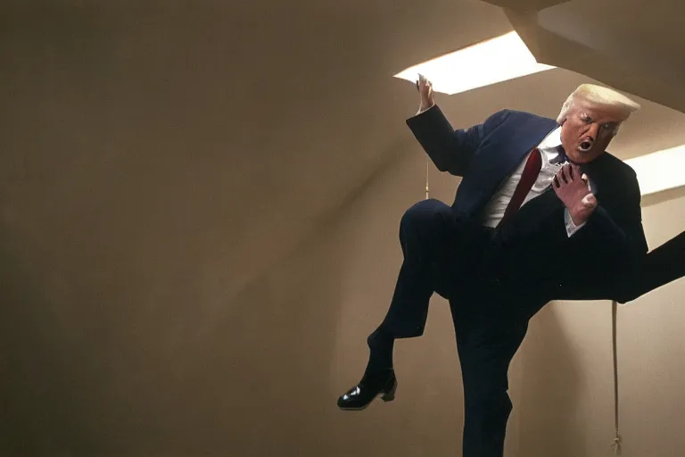 Image similar to donald trump as a spy hanging from a ceiling, breaking in, mission impossible photograph, tv show, cinematic