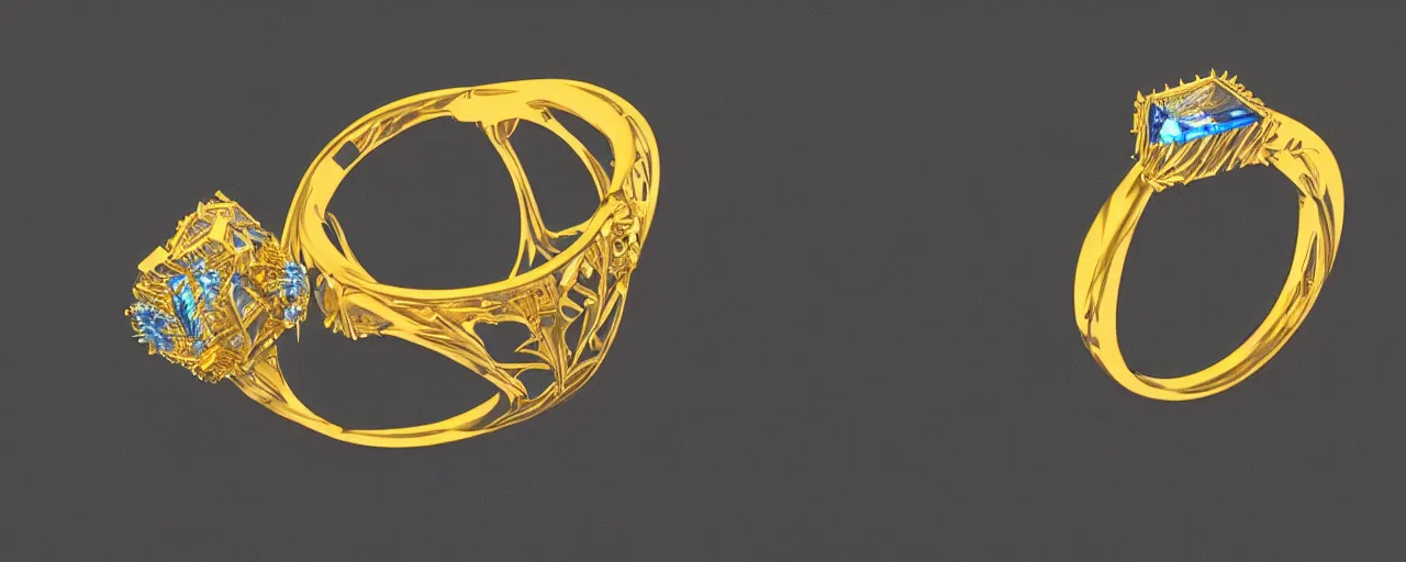 Prompt: simple golden magic crystal ring, radiant cut, ice, blue, gold, smooth shank, crystal, engravings, diamonds, product design, jewelry, colorful, art by gerald brom, greg rutkowski and artgerm, photo realism, unreal engine, c 4 d