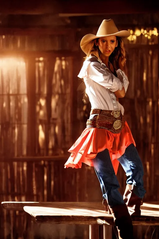 Prompt: jessica alba in a cowgirl outfit dancing on a bar table, moody cinematic still, backlit, rimlight, frank miller