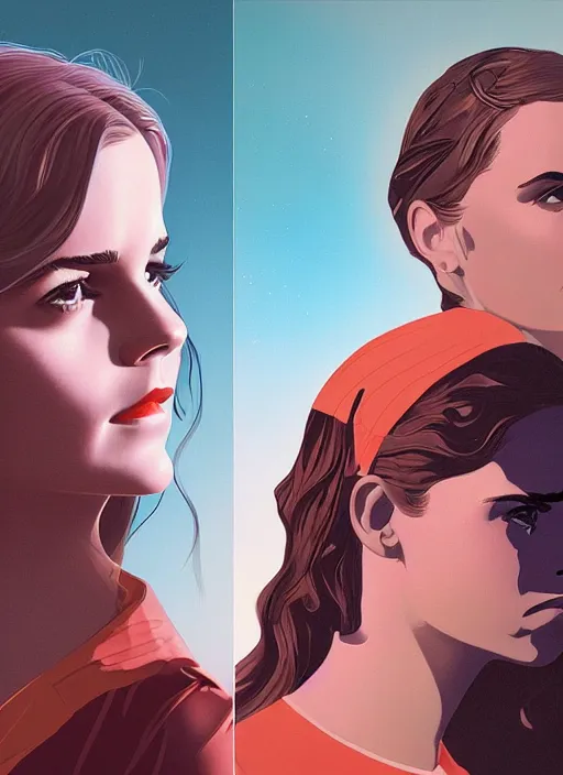 Prompt: poster artwork by Michael Whelan and Tomer Hanuka, Emma Watson and Kiernan Shipka in retro beauty pageant, clean, flat painting, trending on artstation and unreal engine