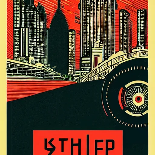 Prompt: Illustrated by Shepard Fairey and H.R. Geiger | Retro futuristic cyberpunk city