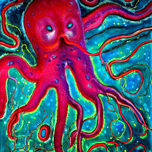 Prompt: Hyperrealistic intensely colored Studio wet collodion Photograph portrait of a deep sea psychedelic bioluminescent squid deep underwater in darkness long exposure, award-winning nature deep sea expressionistic impasto heavy brushstrokes oil painting by Fabian Marcaccio and Jean Dubuffet and Audubon vivid colors hyperrealism 8k