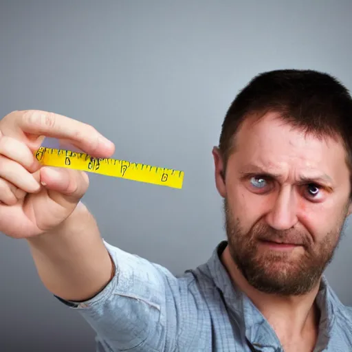 Image similar to crying man pointing at a ruler, high resolution photo