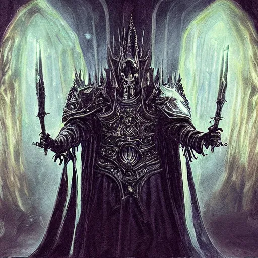 Prompt: “Portrait of the lich king in a gothic hall, high fantasy realistic painting, dramatic lighting”