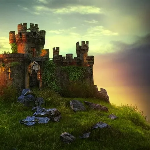 Image similar to | type : 3 d render | style : fantasy, detailed, hyperrealism | subject : a crumbling castle on a floating boulder | colors : gold and blue and green | scene : sky full of clouds during sunset | subject description : old and beautiful decaying castle | lighting : golden sunset | emotion : warm, peaceful | params :