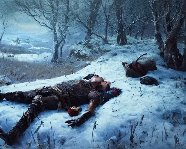 Image similar to Highly realistic oil painting of a wounded knight lying in the snow, surrounded by blue flowers, blood on flowers, by greg rutkowski, highly detailed, cinematic lighting, moody, dark