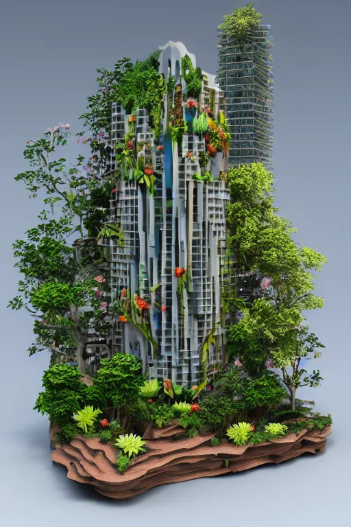 Prompt: 3 d printed physical model organic flowy including more than one city into one vertical building model that sits on a table in a room with a view back, multiple stories, wooden, with vegetation, colorful, eye - level view, 8 0 k, octane render, highly detailed 3 d render,