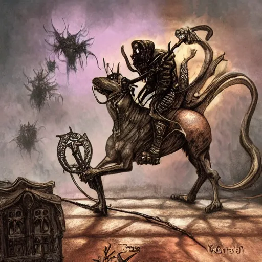 Image similar to a necromancer riding a rat, doom, horror scenery, by Keith Thompson